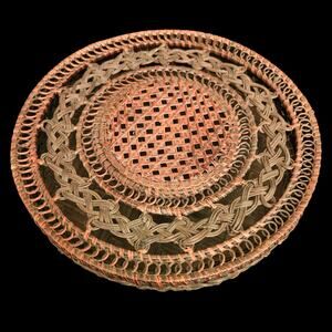 Vintage Wicker Lidded Basket Tray Handwoven Round Boho Decor